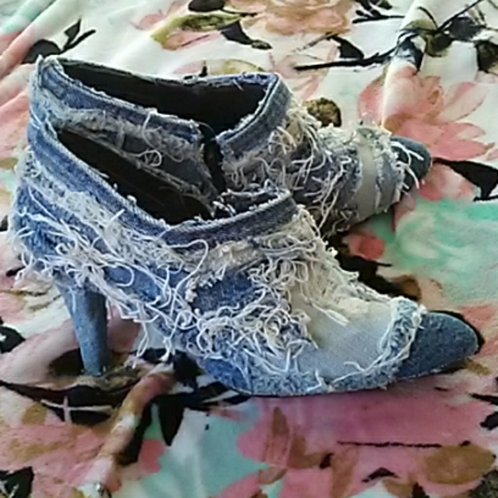 Distressed denim bootie heels shoes